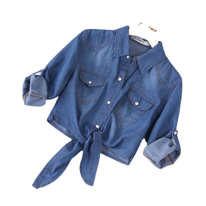 Damen Geknotete Denim Kurzbluse mit Brusttaschen und hochgekrempelten Ärmeln EB