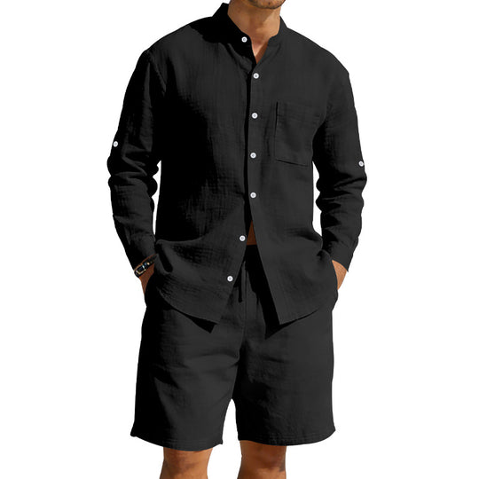 Herren nan sommerliches Leinen-Set mit Stehkragenhemd und Kordelzug-Kurzhose EB