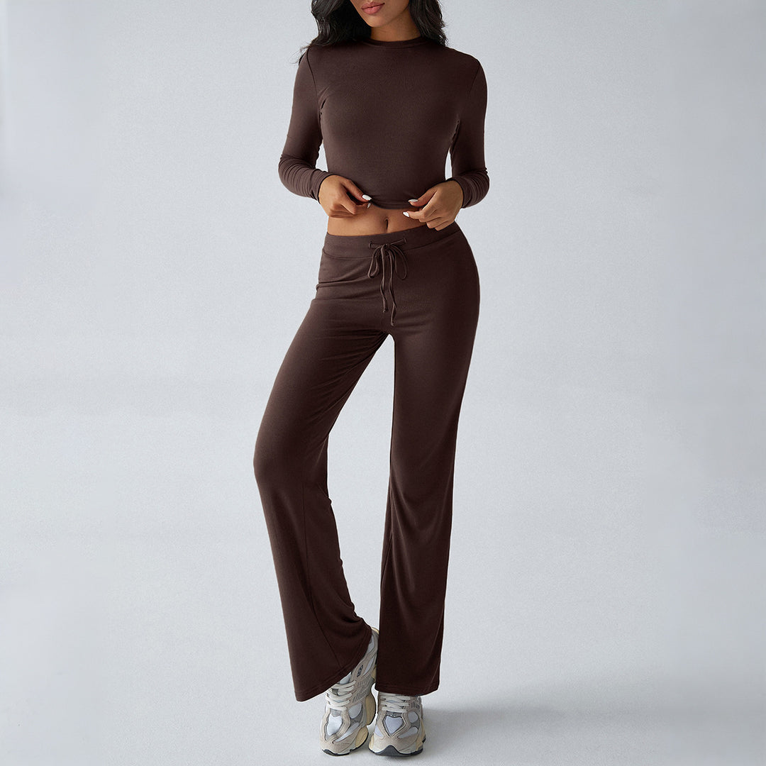 Damen nan tailliertes Longsleeve-Crop-Top und weite Lounge-Hose im Zweiteiler-Set aus Stretchjersey EB