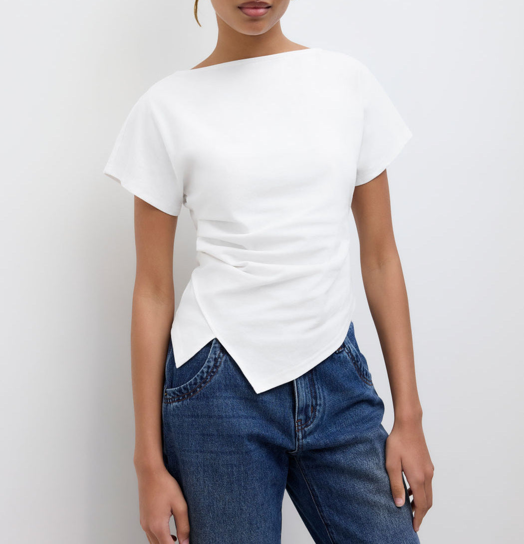 Damen Cropped T-Shirt mit asymmetrischem Schnitt und dekorativem Drapierungseffekt EB