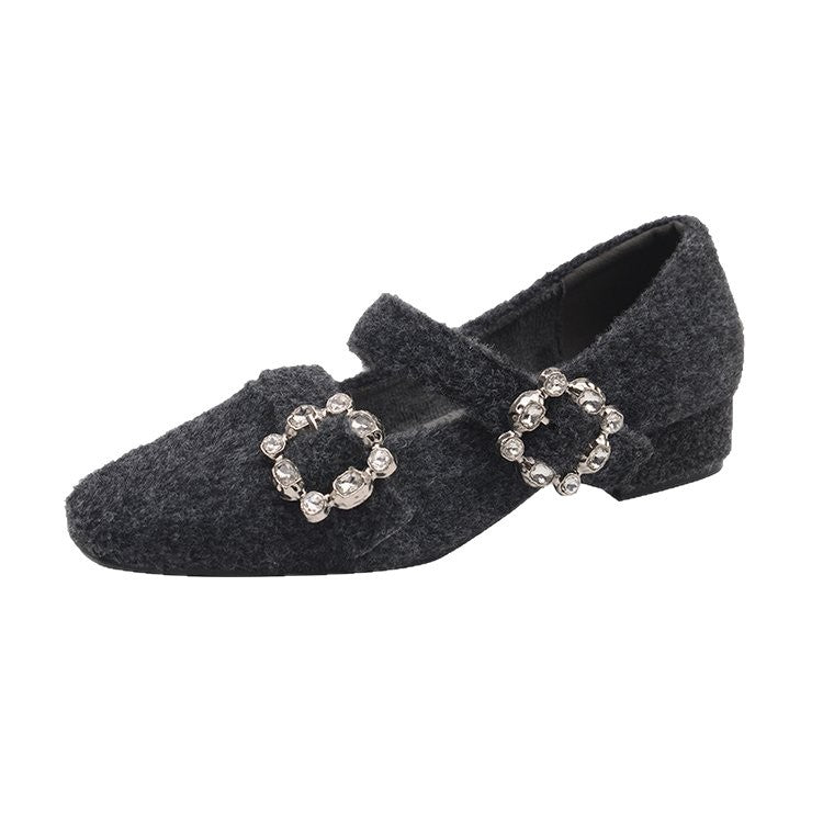 Damen elegante Filz-Mary Jane Schuhe mit schimmernden Schnallen EB