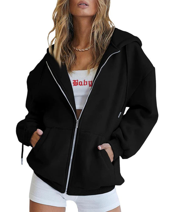 Damen nan Oversize-Zip-Hoodie mit Kapuze Kängurutaschen und weichem French-Terry EB
