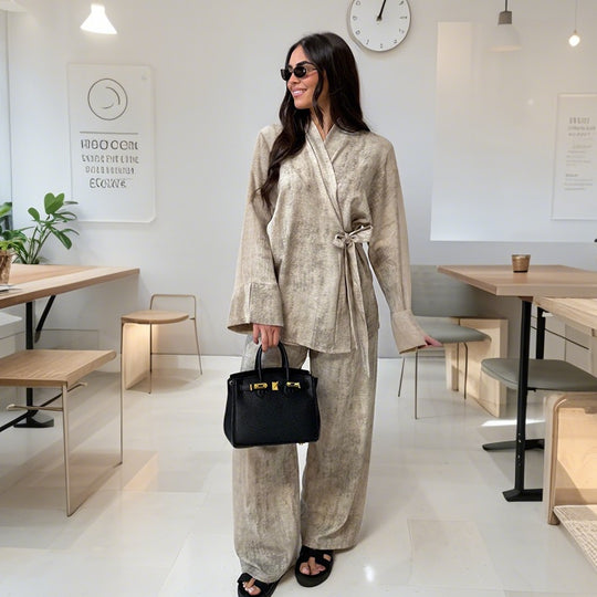 Damen lässiger Kimono-Hosenanzug mit Bindegürtel EB