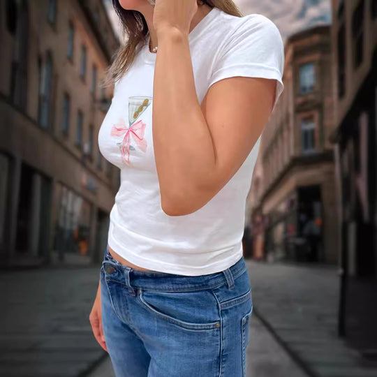 Damen Cropped T-Shirt mit trendy Cocktail-Design EB