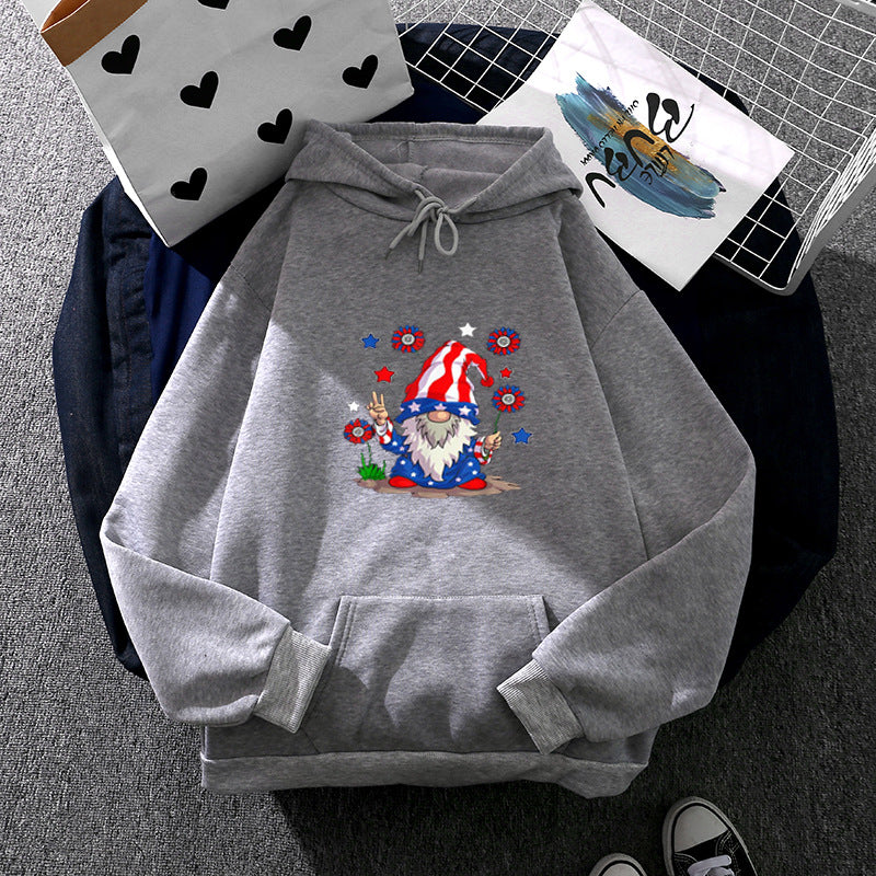 Damen nan Kapuzenpullover mit patriotischem Gartenzwerg-Print, angerautem Fleece-Innenfutter, Oversize-Schnitt und Kängurutasche EB