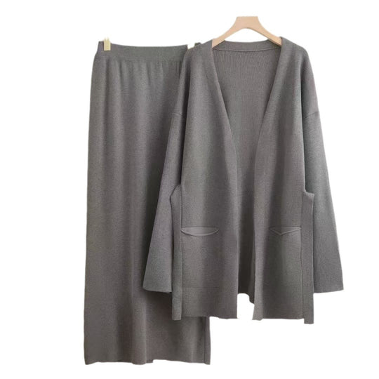 Damen lässiges Strickensemble mit tiefem V-Ausschnitt und praktischen Taschen EB