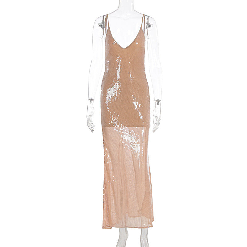 Damen Glamouröses Abendkleid mit funkelndem Paillettenbesatz und tiefem V-Ausschnitt EB