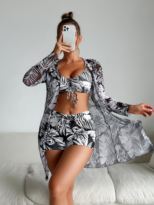 Damen Bikiniset mit luftiger Wickeljacke und floralem Muster EB