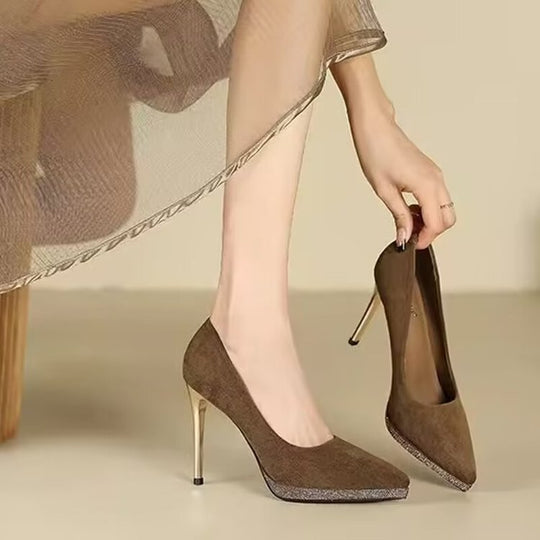 Damen elegante spitze High Heel Pumps mit goldenen Akzenten EB