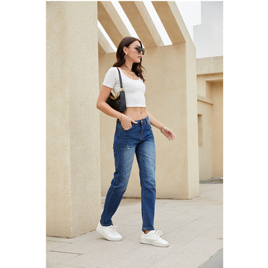 Damen gerade geschnittene Jeans mit Vintage-Details EB