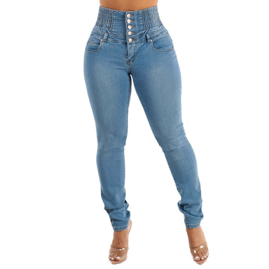 Damen High-Waist Skinny Jeans mit elastischem Bund und dekorativen Knöpfen EB
