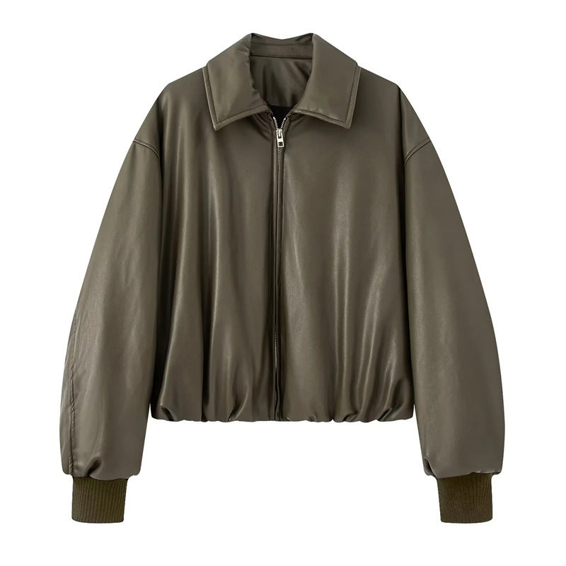 Damen lässige Kunstlederjacke mit voluminösem Schnitt und praktischen Taschen EB