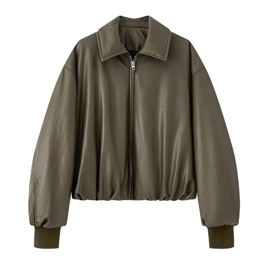 Damen lässige Kunstlederjacke mit voluminösem Schnitt und praktischen Taschen EB