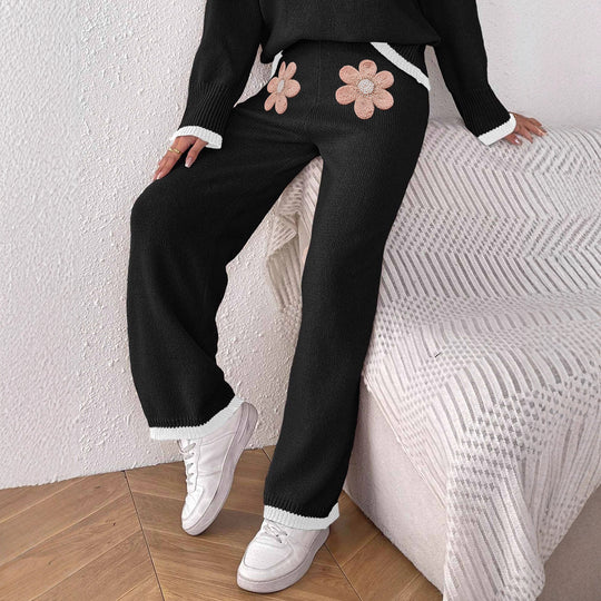 Damen bequeme Strickhose mit floralem Applikationsdesign EB