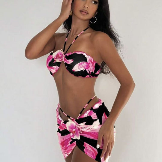 Damen Bikini-Set mit floralem Design und verspieltem Wickelrock EB
