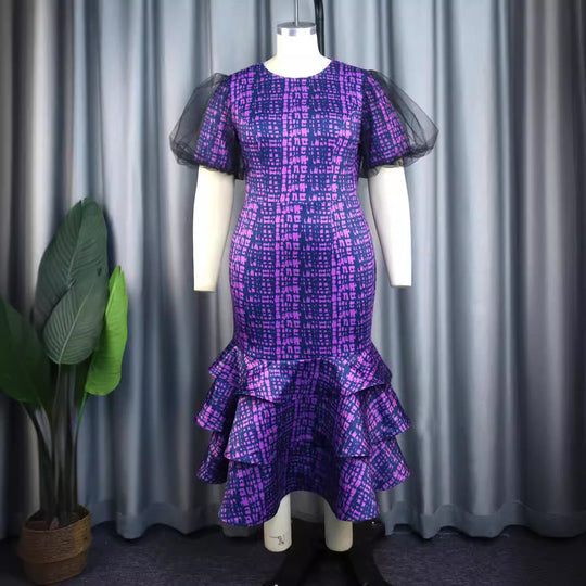 Damen elegantes Abendkleid mit voluminösen Rüschenärmeln und strukturiertem Rock EB
