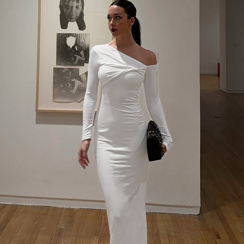 Damen Elegantes langärmliges Kleid mit asymmetrischem Ausschnitt EB