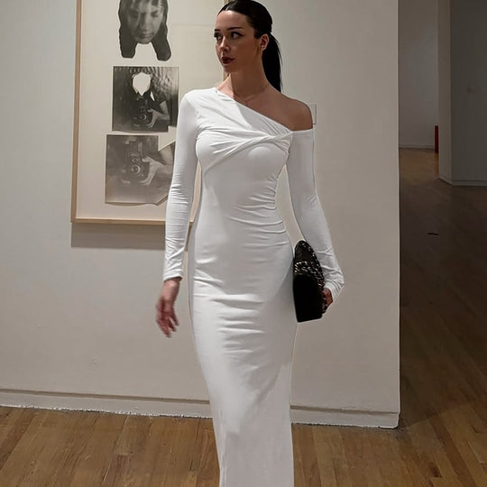Damen Elegantes langärmliges Kleid mit asymmetrischem Ausschnitt EB