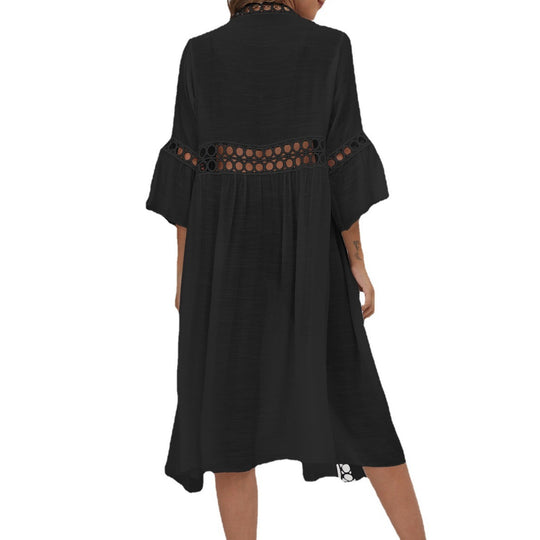 Damen eleganter langer Kaftan mit Häkelakzenten EB
