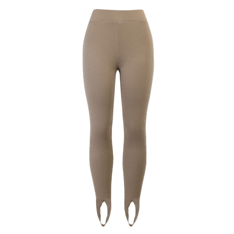 Damen nan figurschmeichelnde Rippstrick-Leggings mit Fußschlaufe und hoher Bundkompression EB