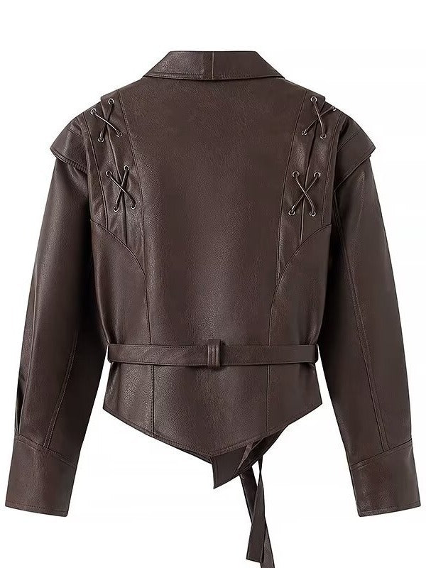 Damen taillierte Kunstlederjacke mit verspieltem Schnürdetail EB