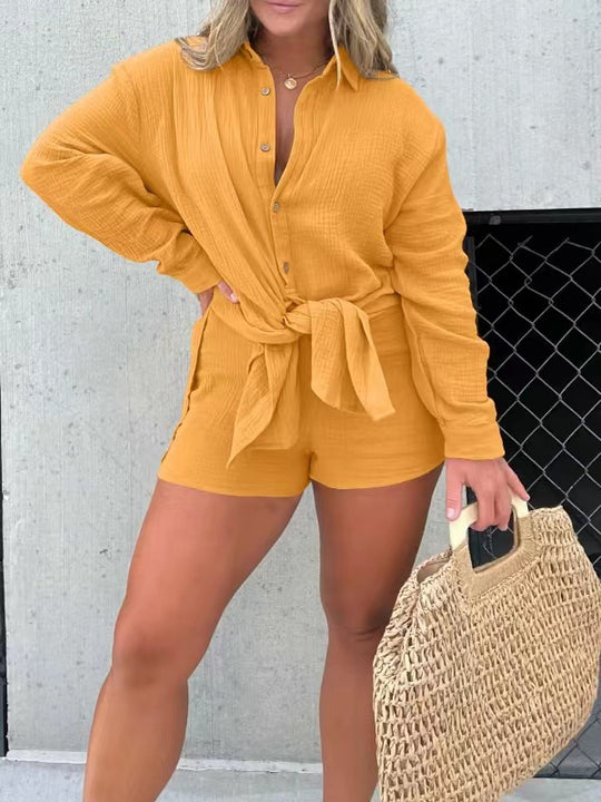 Damen lässiges Krepp-Blusenshirt und Shorts-Set mit taillierbarem Gürtel EB
