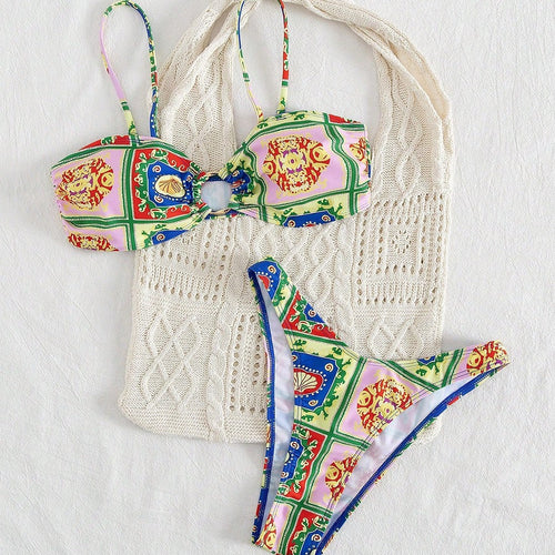 Damen Bikini mit elegantem Bandeau-Schnitt und buntem Muster EB