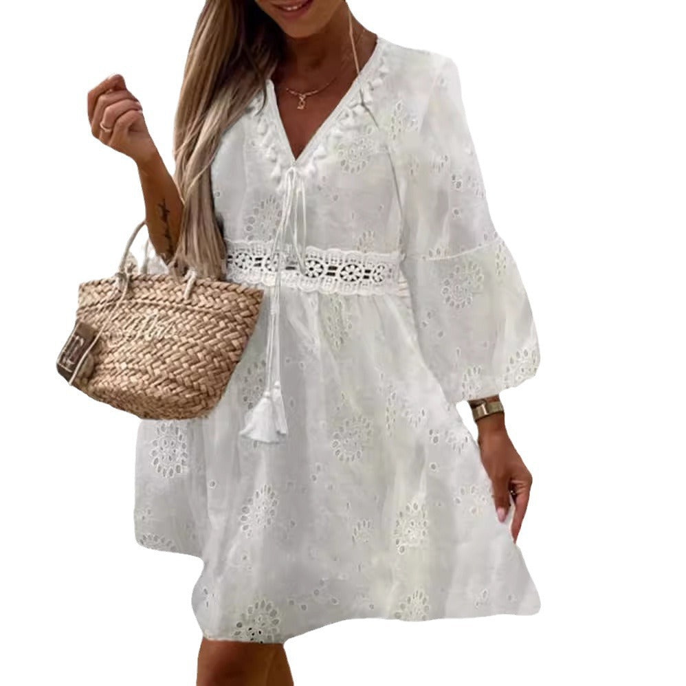 Damen Sommerkleid mit luftigen Trompetenärmel und elegantem Häkelgürtel EB