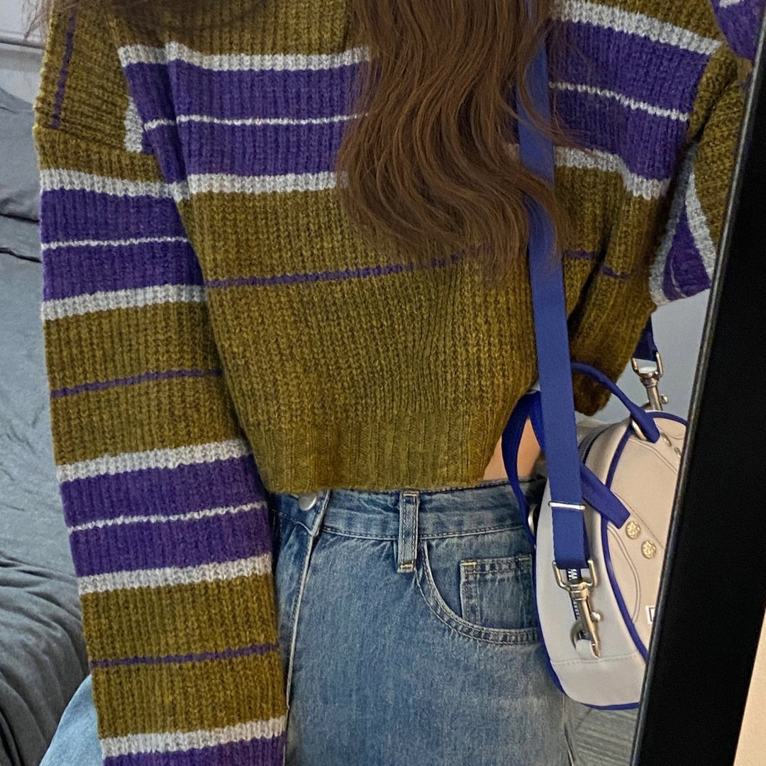 Damen kurz geschnittener Strickpullover mit horizontalem Streifenmuster EB