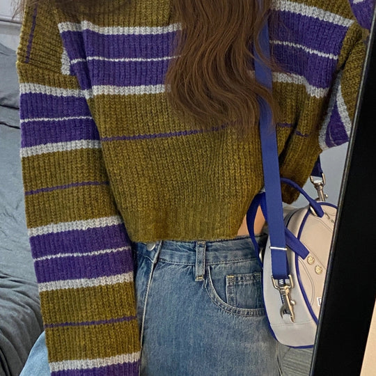 Damen kurz geschnittener Strickpullover mit horizontalem Streifenmuster EB