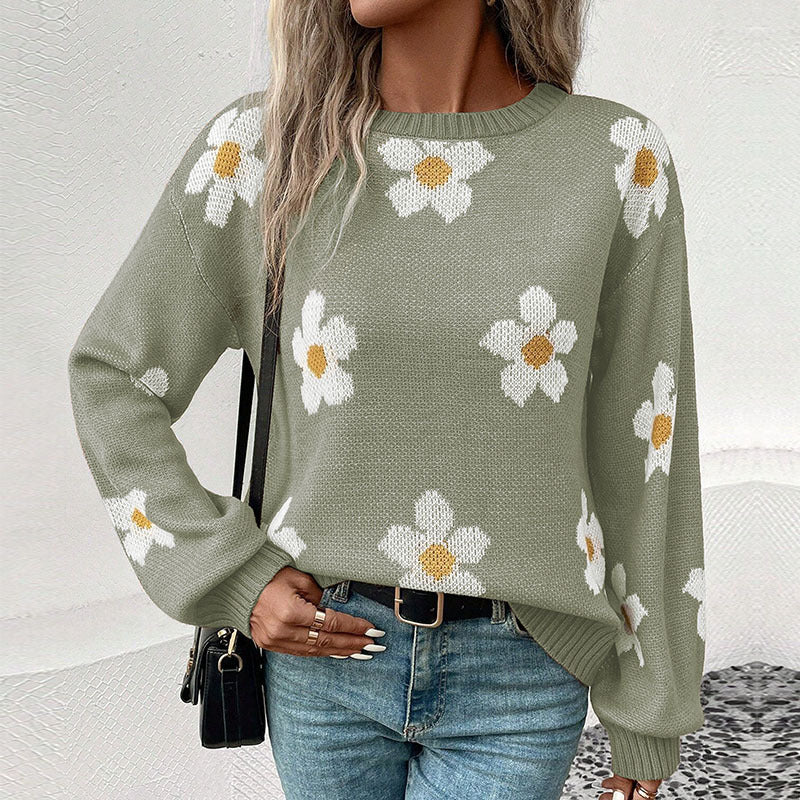Damen Strickpullover mit floralen Akzenten und weitem Schnitt EB