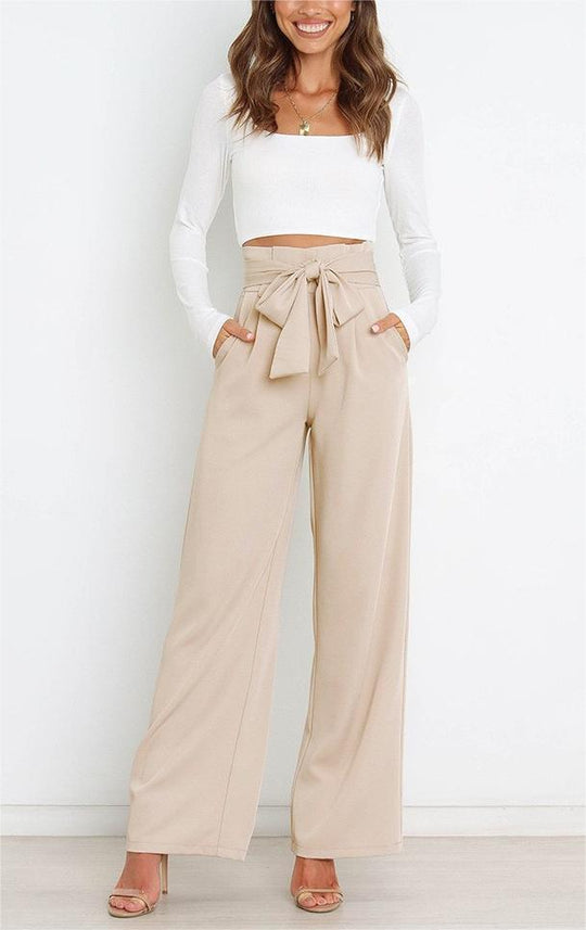 Damen Weit geschnittene High-Waist-Hose mit Binde-Gürtel und Taschen EB