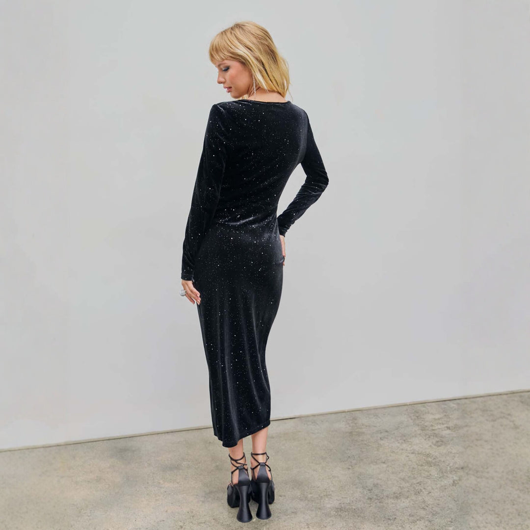 Damen glamouröses Samt-Wickelkleid mit Glitzereffekt, Raffung und hohem Beinschlitz Eichborn Berlin