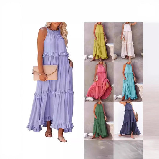 Damen Luftiges Maxikleid mit Rüschendetails und hoher Taille EB