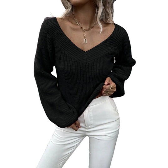 Damen Strickpullover mit V-Ausschnitt und voluminösen Ärmeln EB