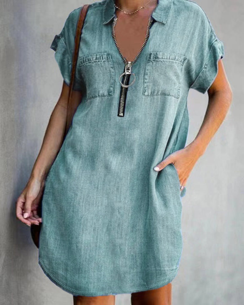 Damen Chambray Kleid mit Reißverschluss und praktischen Taschen EB