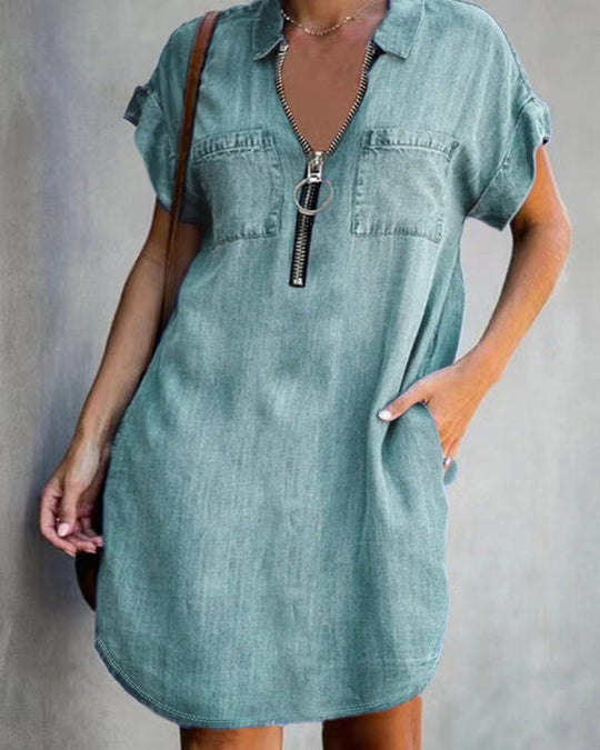 Damen Chambray Kleid mit Reißverschluss und praktischen Taschen EB