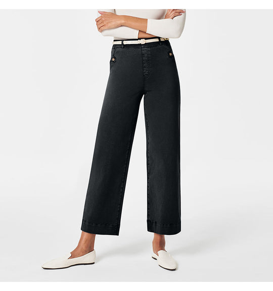 Damen Weite High-Waist Hose mit modischen Knopfdetails EB
