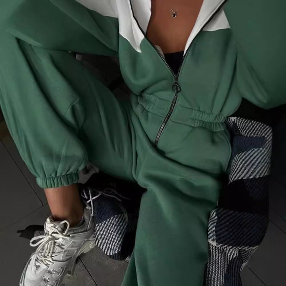 Damen nan zweiteiliges Crop-Zip-Hoodie und Highwaist Relaxhose mit weitem Bein EB