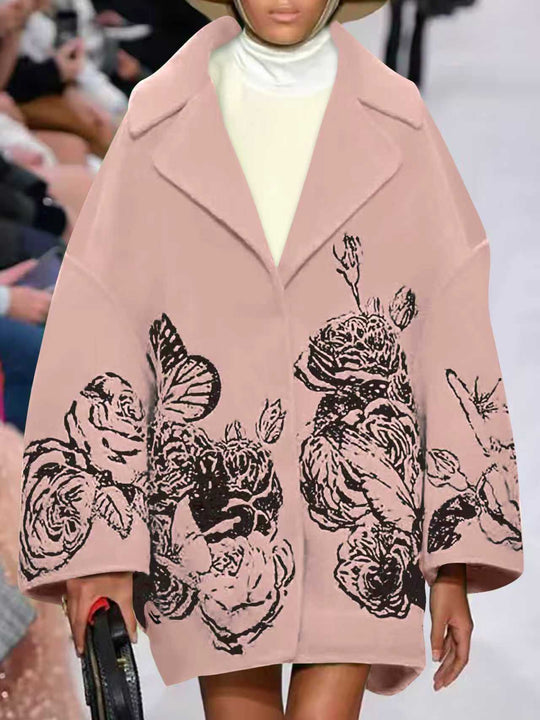 Damen Oversized Wollmix-Mantel mit floraler Print- und Stickerei-Optik EB