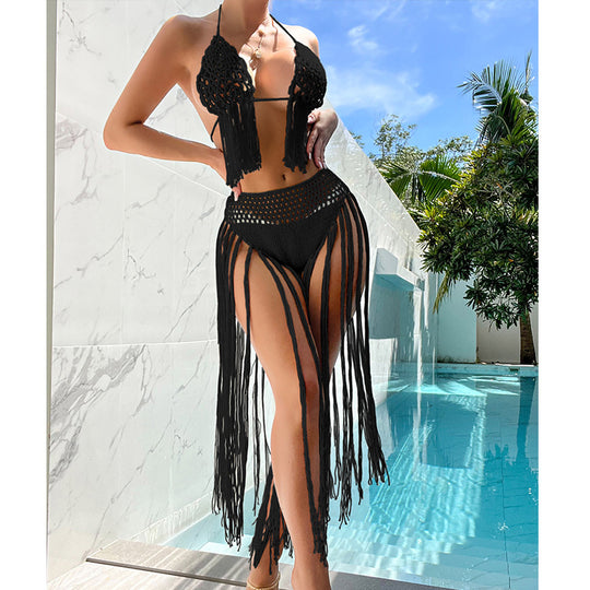 Damen Häkel-Bikini-Set mit fransigen Details und reizvoller Lochstruktur EB