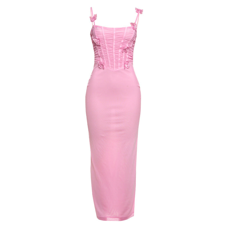Damen Bodycon Maxikleid mit zarten Rüschendetails und verführerischem Rückenausschnitt EB
