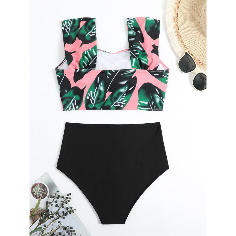 Damen Hochgeschnittener Bikini mit modischem Streifenmuster und floralem Unterteil EB