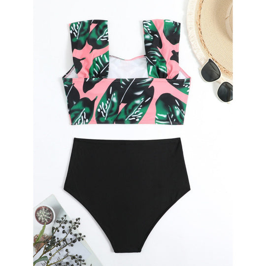 Damen Hochgeschnittener Bikini mit modischem Streifenmuster und floralem Unterteil EB