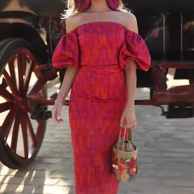Damen figurbetontes Maxikleid mit Puffärmeln und elegantem V-Ausschnitt EB
