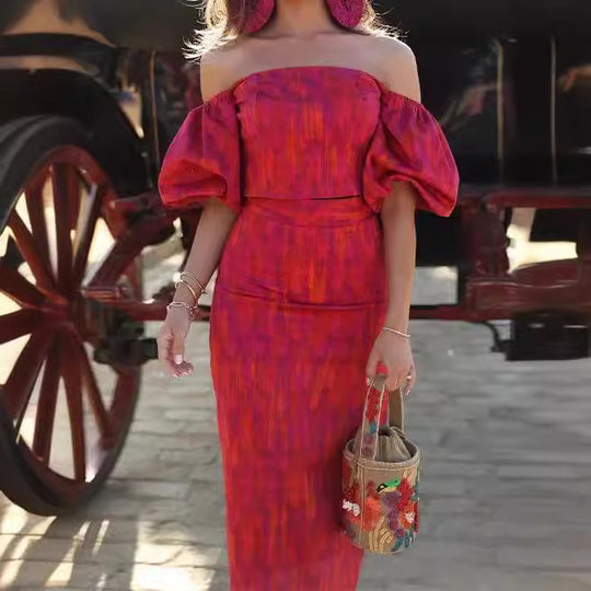 Damen figurbetontes Maxikleid mit Puffärmeln und elegantem V-Ausschnitt EB