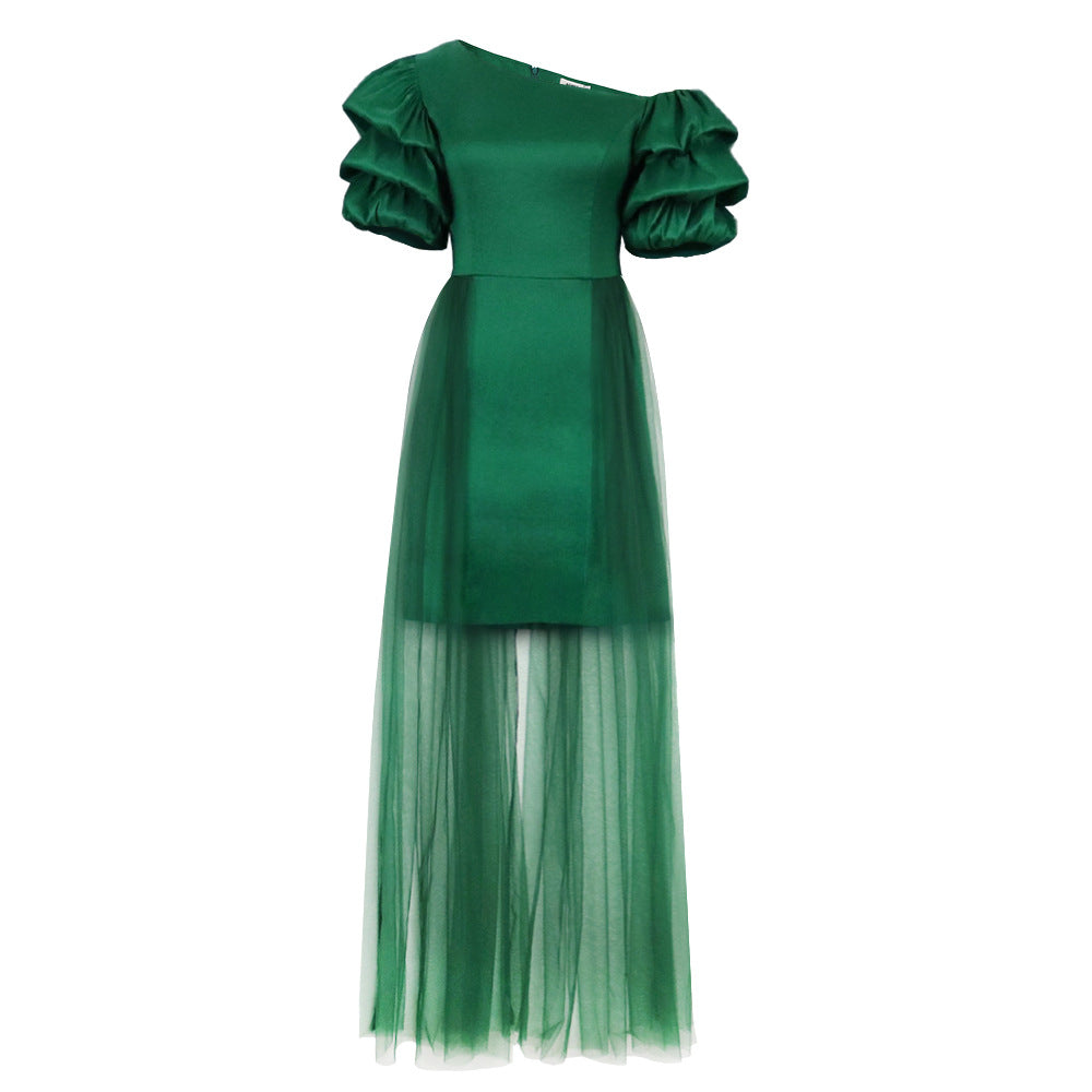 Damen Elegantes Tüllkleid mit asymmetrischem Ausschnitt und voluminösen Puffärmeln EB