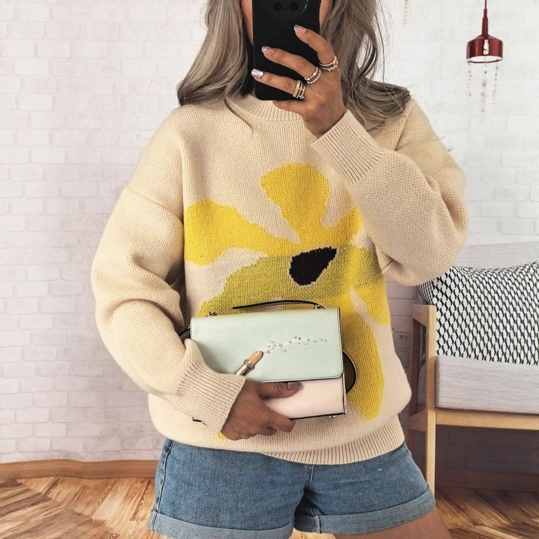 Damen Pullover mit auffälligem Blütenmotiv und lockerer Passform EB