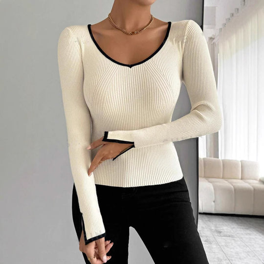 Damen modisches Strickoberteil mit tiefem V-Ausschnitt und eleganter Rippstruktur EB