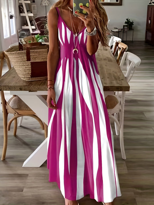 Damen Maxikleid mit raffiniertem Streifenmuster und tiefem V-Ausschnitt Heidi-Mode